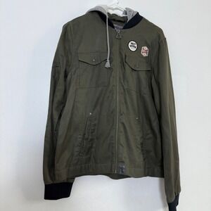 Harley Davidson Women's Olive Green Canvas Hooded Bomber Jacket‎ With Patches M